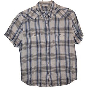 Lucky Brand Men's Large Linen Blend Plaid Short Sleeve Casual Pearl Snap Shirt